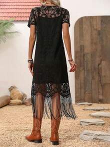 LUNE Vestido de manga corta con encaje y flecos de unicolor, vestidos de campo para mujeres, vestido de campo y occidental, atuendo bohemio para mujeres, vestido bohemio, ropa bohemia chic para mujeres, atuendos occidentales para mujeres, vestido de resort, vestido de vacaciones para mujeres - Negro - Ver 5
