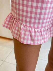 Short d'été à volants à carreaux pour femmes - Taille élastique avec poches - Rose bonbon - Voir 4