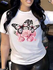 Women's T-Shirt, White Short-Sleeved T-Shirt With Pink Butterfly Pattern, Soft And Stretchy Round Neck T-Shirt, Micro-Elastic Design, Casual, Cool And Breathable, Eye-Catching Personality, Fashionable And Cool Style Blouse Suitable For Casual Daily Wear, Comfortable And Lazy - 白色 - 查看 8