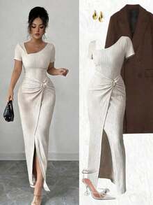 YHHElenzga Vestido largo de manga larga con cuello cuadrado irregular, botones metálicos decorativos y bajo asimétrico para estilizar la cintura, en tela texturizada color albaricoque. Elegante y sofisticado para el Día de San Valentín, Pascua, Día del Trabajo, cumpleaños, citas, fiestas, ocasiones formales, atuendo de maestra, viajes, primavera/veranoYHH - Albaricoque - Ver 6