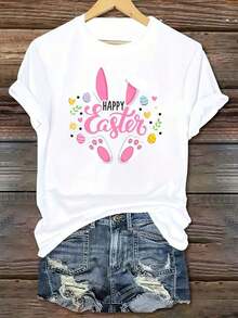 Short-Sleeved T-Shirt With Round Neck, 100% Cotton, From The Women's Fashion Series, With Rabbit Print And Expressionless Letters, Casual Style, For Easter. - 白色 - 查看 1