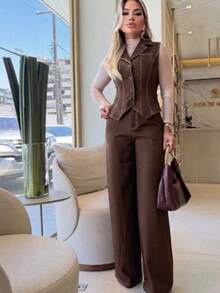 2-Piece Set: Vest With Buttons + Elegant, Sensual, And Chic Wide-Leg Pants - Óxido marrón - Ver 1