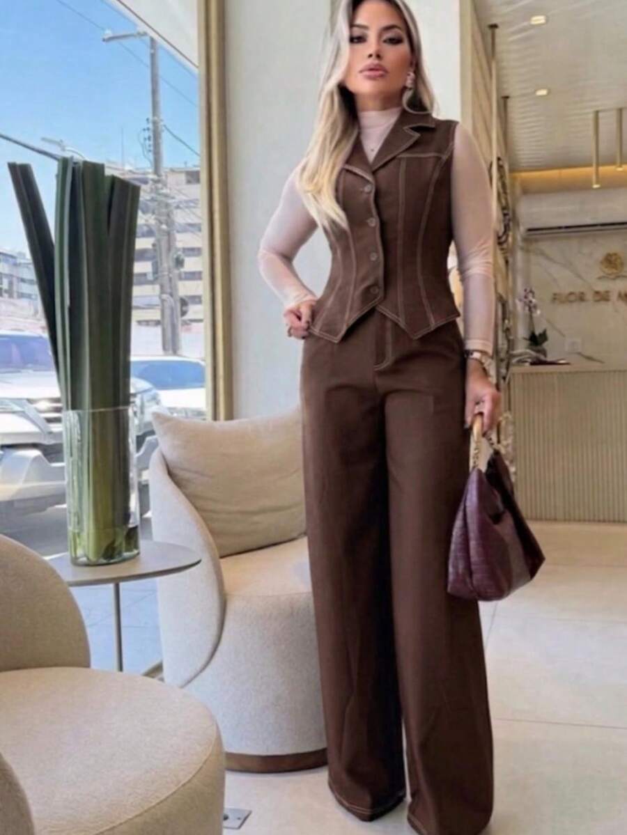 2-Piece Set: Vest With Buttons + Elegant, Sensual, And Chic Wide-Leg Pants - Óxido marrón - Ver 1
