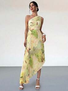 Vestido de mujer nuevo con estampado de teñido anudado asimétrico, cintura hueca, volantes en el bajo y un solo hombro, vestido elegante y romántico para citas y vacaciones, vestido de verano para mujer, tono de color suave, adecuado para atuendo de playa - amarillo ganso - Ver 5