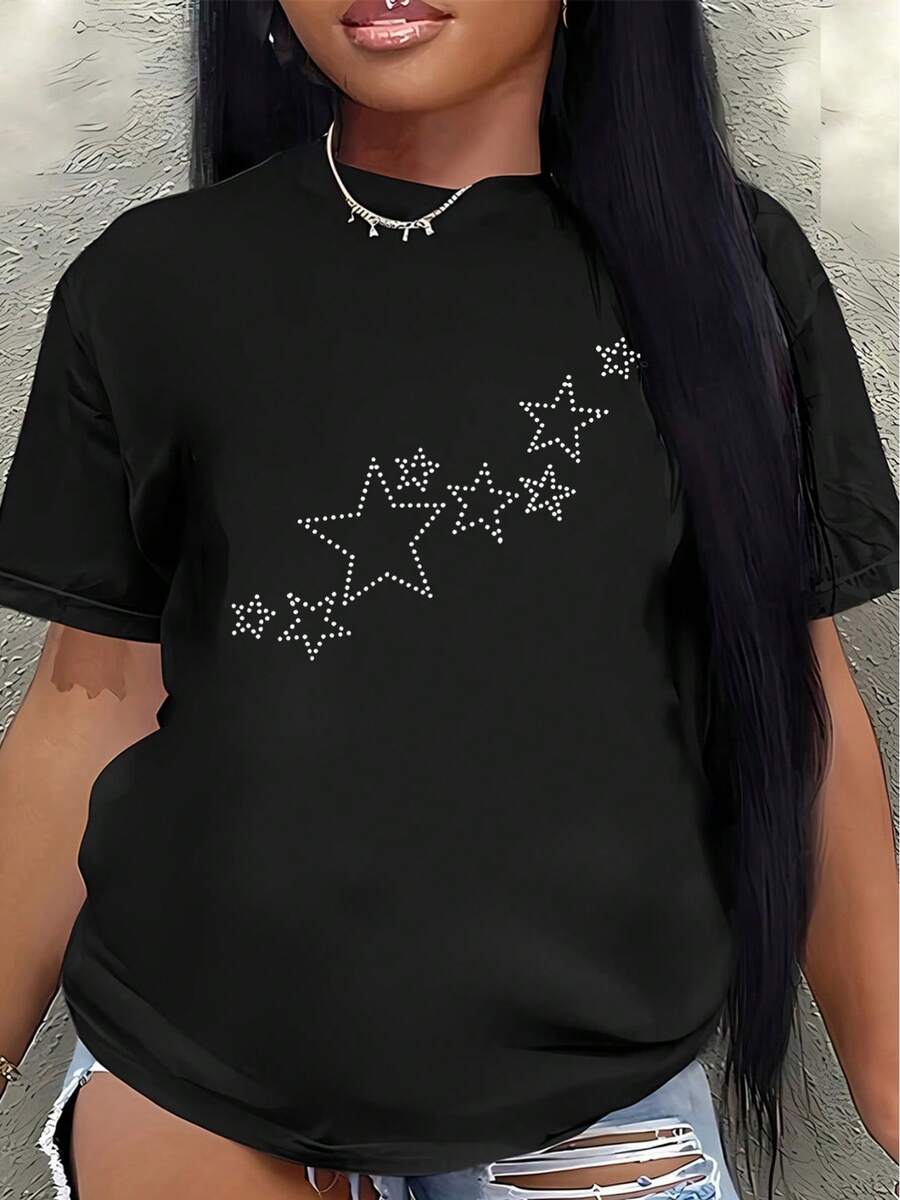 Camiseta de Manga Corta con Diseño de Estrella Brillante | Ligero, duradero, de ajuste cómodo, adecuado para el hogar, restaurantes o uso casual al aire libre, cuello redondo, tela de elasticidad media.women's shirts - Negro - Ver 1