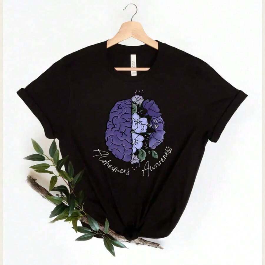 1 pieza Camiseta de Confort Colors para la Concientización sobre la Salud Mental, Camiseta Oversized Verde con Diseño Floral Boho, Camiseta con Gráficos Florales, Invisible Illness, Regalo para Terapeutas, 180g 100% Algodón, los diseños están impresos. Unisexo. - Negro - Ver 1