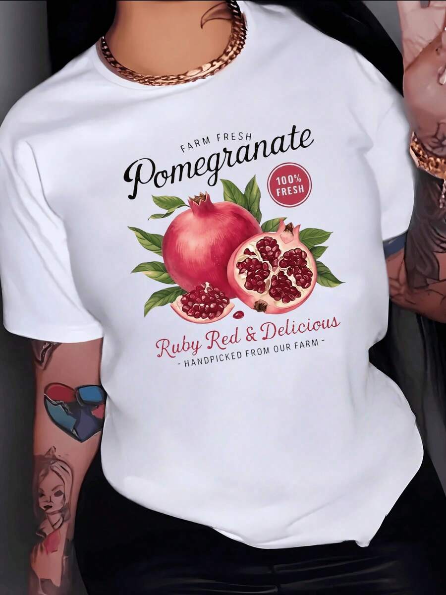 Juicy And Bright Pomegranate Symbolizes Vitality And Freshness, With Green Leaves Representing Natural Abundance And Positive Energy. A Comfortable, Modern, Casual Women's T-Shirt For Everyday Wear. - 白色 - 查看 1