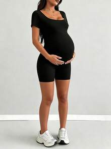 Maternity Solid Color Casual Everyday Romper Black Summer - Black - View 8