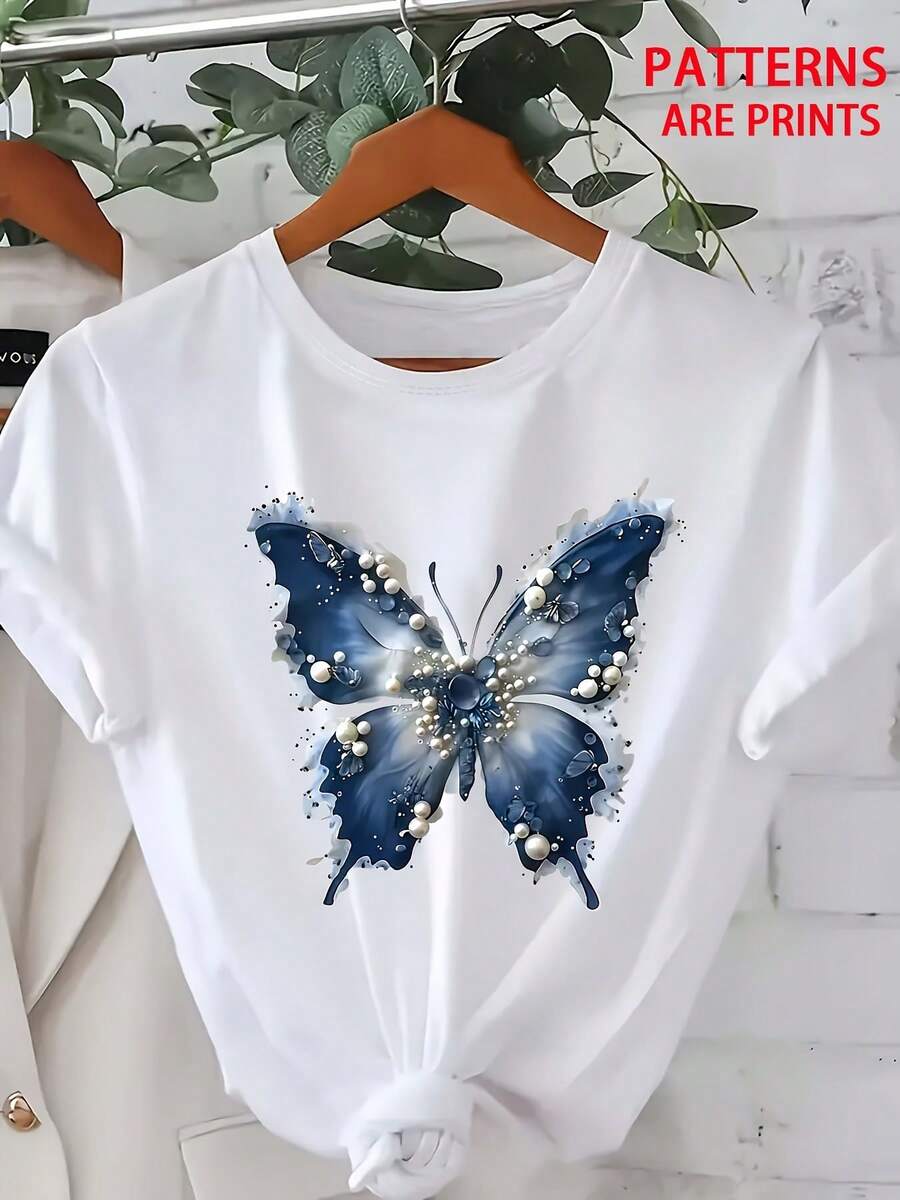 Women's Casual Short Sleeve Sports T-Shirt With Knot And Butterfly Design - Elastic Round Neck T-Shirt, Machine Washable, Comfortable Fit And Perfect For All Seasons, For A Chic And Casual Look. - 白色 - 查看 1