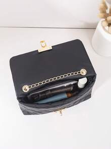 Bolso cruzado de mujer acolchado negro de moda con correa ajustable con logotipo dorado en tono M, bolso de hombro casual diario, bolso de mano con cremallera ligero - Negro - Ver 5