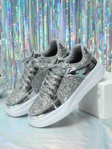 Zapatillas deportivas para hombre, con purpurina plateada, de caña baja, suaves & ligeras, de talla grande, zapatos de skate, zapatos planos retro de calle - Plata brillante - Ver 6