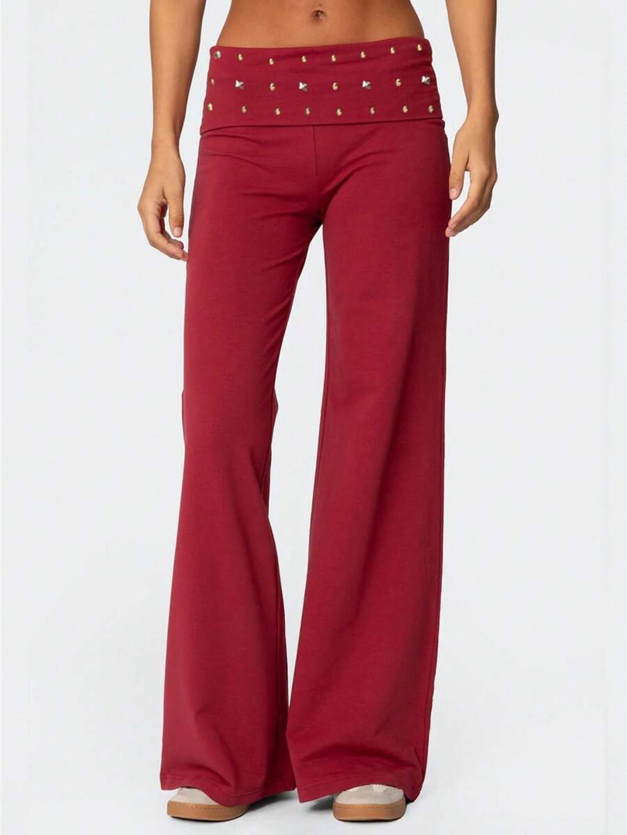 Women's Wide Leg Pants Elastic Waist Loose Casual Metallic Studs Decor Fashion Lounge Trousers - Rojo - Ver 1