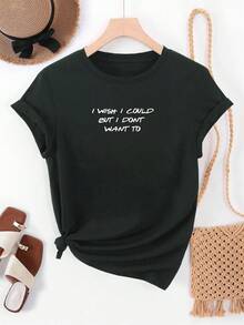 Ropa deportiva casual de una pieza para mujer, primavera/verano, con estampado WANT TO, camiseta corta de cuello redondo, elegante para fiestas, regalo de vacaciones, ropa casual de gimnasio que absorbe la humedad. - Negro - Ver 1