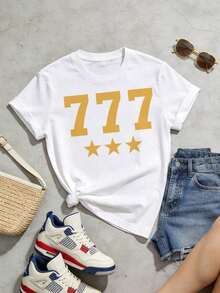 Camiseta de manga corta con cuello redondo suave y casual de verano para mujer, tops para mujer, Generación Z, tops, curvas, tops de mujer, tops de verano, conjuntos de primavera, estilo callejero americano, casual deportivo, estilo unisex, estilo casual urbano, ropa de calle retro, top , tops blancos, el número de la suerte 777, significado auspicioso, estrella de cinco puntas, honor, campeón, trinidad. BlancoAdecuado para primavera, verano y otoño - Blanco - Ver 4