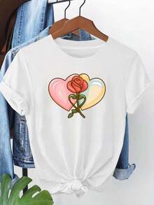 Camiseta holgada de primavera/verano para mujer, con estampado de rosas y diseño de dibujos animados, cómoda y acogedora. Ideal para citas, Día de San Valentín, aniversarios, uso diario en pareja y como top de manga corta para expresar tu amor a tu pareja. Se puede usar para el día a día. Ropa suave y relajada para estar en casa. - Blanco - Ver 1