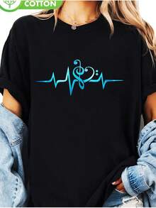 Comfortable And Cozy Women's T-Shirt, Soft And Breathable, With A Print Of Musical Notes And Heartbeats, Short Sleeves, Round Neck, Casual Style For Summer And Spring - White With Blue Print, Comfortable Fit T-Shirt, New Summer Fashion, Holiday Gift, Soft And Relaxed Home Wear. - 黑色 - 查看 11