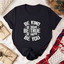 Camiseta "Be Kind Brave True" – Ropa de Verano Motivacional Unisex, Cuello Redondo, Camiseta para Mujer 100% Algodón, Ropa Boho para Mujer, Camiseta de Mujer - Negro - Ver 6