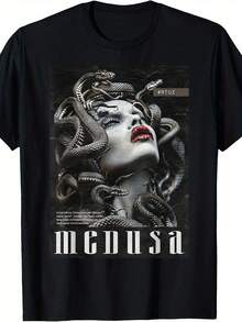 Camiseta unisex de la mitología griega con diseño de Medusa - 220g de algodón puro de peso pesado con diseño vintage de monstruo de pelo de serpiente, adecuada para todas las estaciones, estilo casual, ropa con temática de mitología griega. - Negro - Ver 6