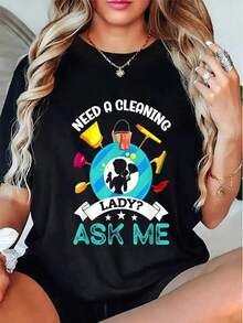Looking For A Cleaning Lady? Ask Me! Women's Short-Sleeved T-Shirt With A Fun Print, Ideal For Spring And Summer, Perfect For Everyday Activities And Casual Wear. Suitable As A Gift. Women's T-Shirt. Blouses > Elegant. Boho Chic. Soft, Breathable, And Comfortable Women's Top, Ideal For Spring, Summer, And Autumn, Perfect For Vacations, Travel, And Everyday Wear. - 黑色 - 查看 7