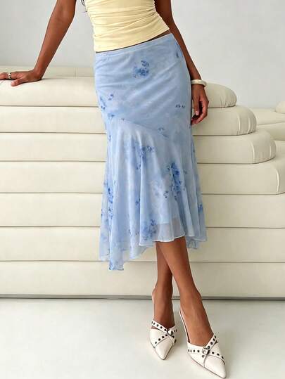 Elegant Casual New Arrival Light Blue Floral Print Mesh Skirt, Vacation Style Asymmetric Ruffle Hem Skirt, High Elastic Waistband, Digital Printing Non-Sheer, Suitable For Vacation, Beach, Date, Commute, Daily Wear Spring