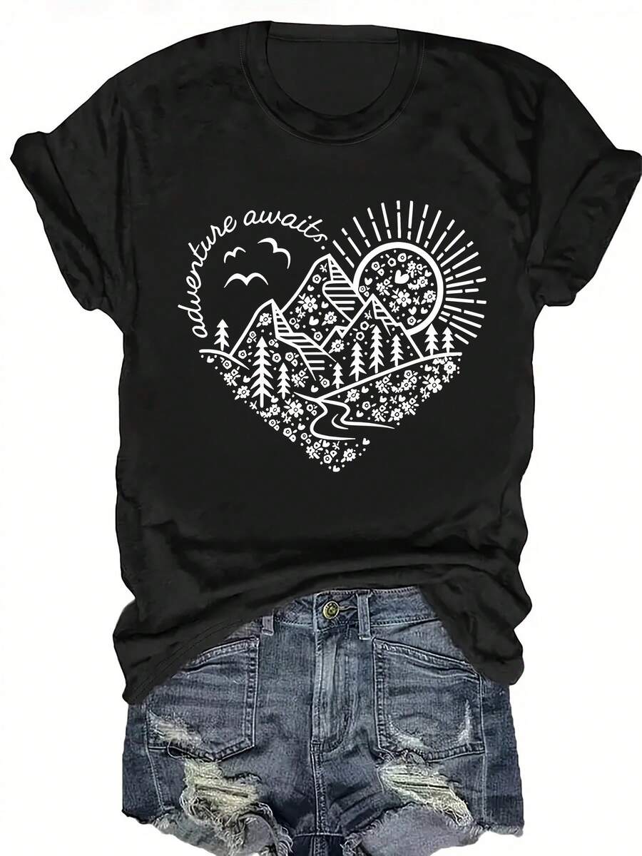 Plus Size T-Shirt, Round Neck, Short Sleeves, With Floral And Heart Print. Cotton T-Shirt, Elegant Blouses For Women. - 黑色 - 查看 1