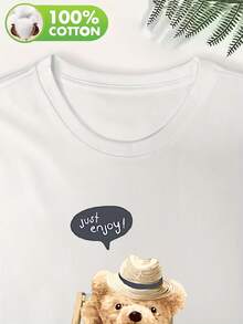 1 camiseta estampada para mujer - lindo osito de peluche con gafas y estampado "You are yourself", corte holgado, cuello redondo, manga corta, adecuada para uso casual en primavera y verano, camiseta de osito de peluche, camiseta cómoda para el día a día, camiseta con diseño divertido. 100% algodón, 180g. - Negro - Ver 9