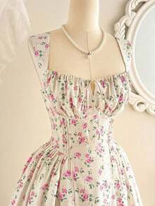 Women's Elegant Vintage Dress With Pockets, Featuring A Ruched Bodysuit With A Tiny Floral Print, Spaghetti Straps, And A Casual Design Suitable For Parties, Vacations, Summer Wear, Prom, Birthdays, Weddings, As A Wedding Guest Dress, Or A Spring Dress. - 紅色 - 查看 3