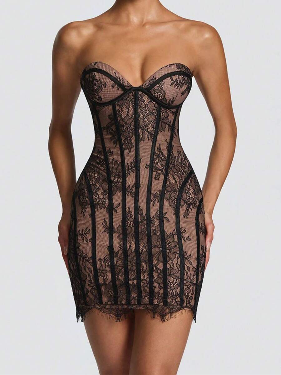 Striped Mini Dress With Lace, Strapless, Sensual And Elegant Style New Arrival - 黑色 - 查看 1