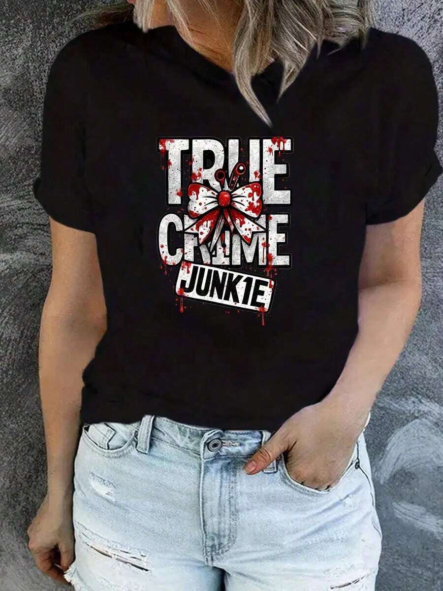 Women's Summer T-Shirts: Gothic Style Short-Sleeved T-Shirt With Realistic Crime Scene Prints And Crime Scene Tape, Casual T-Shirt, Comfortable For All Seasons, Suitable For Crime Enthusiasts, Machine Washable, Unique T-Shirt, Warm Clothing, Cutting-Edge Fashion, High-Quality Stitching, Soft Fabric, Loose And Comfortable Summer Clothing. - 黑色 - 查看 1