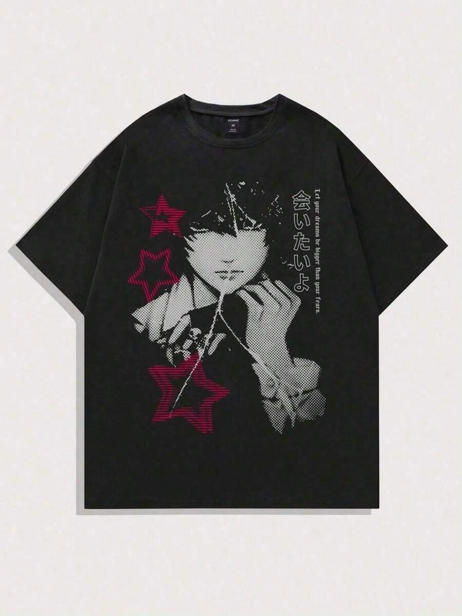 Women's Blouses Casual T-Shirt Short-Sleeved, Round-Neck Printed T-Shirt With Japanese Anime Character And Stars, Artistic And Durable 100% Cotton - 黑色 - 查看 1