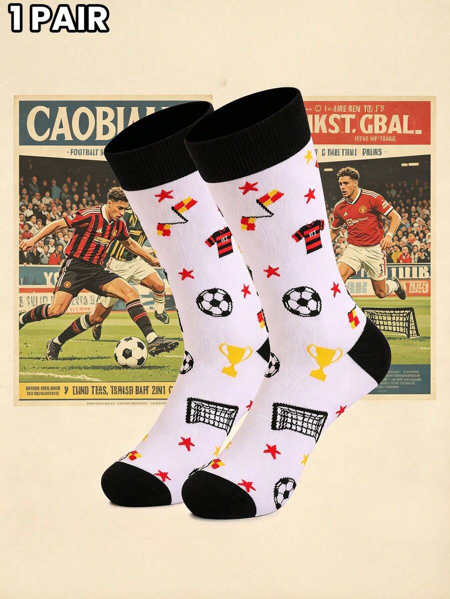1 Pair Of Mid-Calf Socks With Soccer-Themed Prints. Sporty And Creative Socks. A Gift For Soccer Fans. - Multicolor - View 1