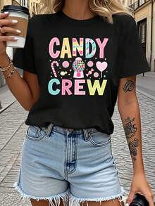 Retro Candy Style T-Shirt - Vintage French 80s Design, Casual Short Sleeve Round Neck Top, With Candy Theme Prints, Machine Washable Summer T-Shirt, Suitable For Outings With Friends. - 黑色 - 查看 1