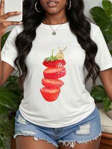 Casual Strawberry Print T-Shirt, Retro Strawberry Graphic T-Shirt, Vintage Fruit Illustration T-Shirt, Gift For Sweet Berry Lovers, Retro Style Clothing, Perfect Gifts For Grandma And Mom. - 白色 - 查看 1