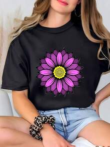 Women's Shirt With Purple Floral Design: Colorful Floral Print T-Shirt - 黑色 - 查看 1