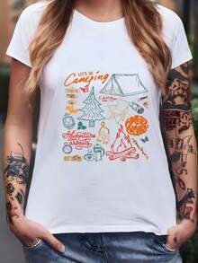 Women's "Let's Go Camping" T-Shirt, Adventure Awaits, Camping T-Shirt, Summer Campfire Hoodie, Outdoor Hiking And Camping T-Shirt, Cute Camp Graphic T-Shirt - 白色 - 查看 1