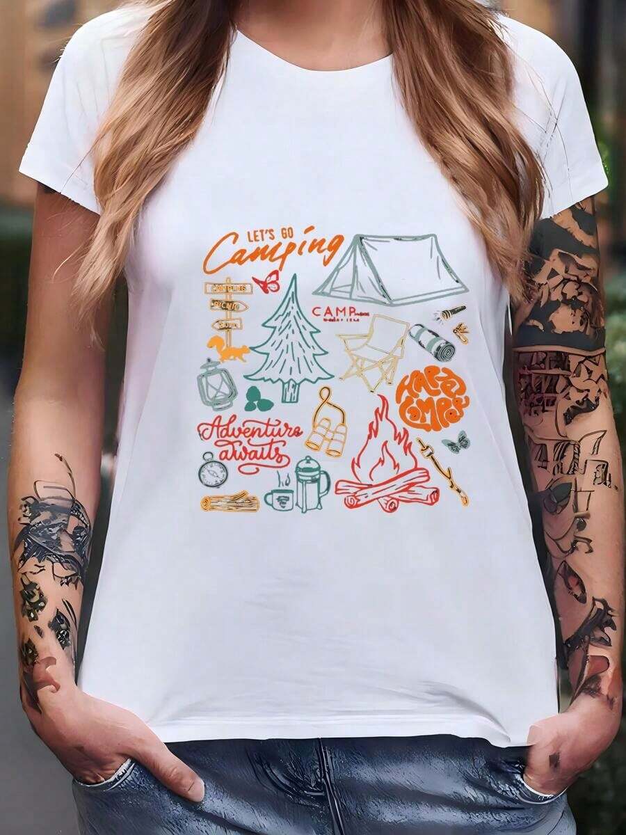 Women's "Let's Go Camping" T-Shirt, Adventure Awaits, Camping T-Shirt, Summer Campfire Hoodie, Outdoor Hiking And Camping T-Shirt, Cute Camp Graphic T-Shirt - 白色 - 查看 1