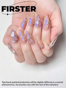 10 pièces Ongles artificiels roses et nus pressés à la main de taille moyenne, manucure métallique et strass d'été, finition brillante, ongles acryliques réutilisables, convient pour un port quotidien - Multicolore - Voir 3