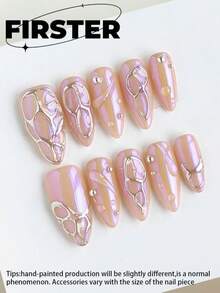 10 pièces Ongles artificiels roses et nus pressés à la main de taille moyenne, manucure métallique et strass d'été, finition brillante, ongles acryliques réutilisables, convient pour un port quotidien - Multicolore - Voir 1