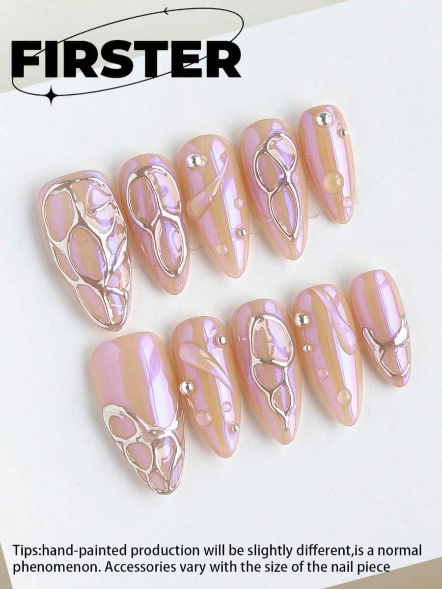 10 pièces Ongles artificiels roses et nus pressés à la main de taille moyenne, manucure métallique et strass d'été, finition brillante, ongles acryliques réutilisables, convient pour un port quotidien - Multicolore - Voir 1