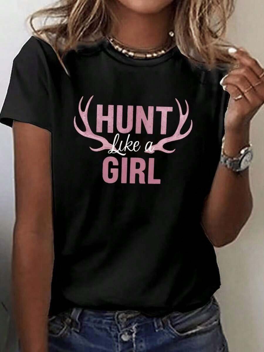 Women's "Huntable" Deer Antler Print T-Shirt - Short Sleeve T-Shirt With Inspirational Slogan, Stretch Fabric Suitable For Summer, Spring And Year-Round Wear - Casual Crew Neck Blouse For Everyday And Outdoor Wear - 黑色 - 查看 1