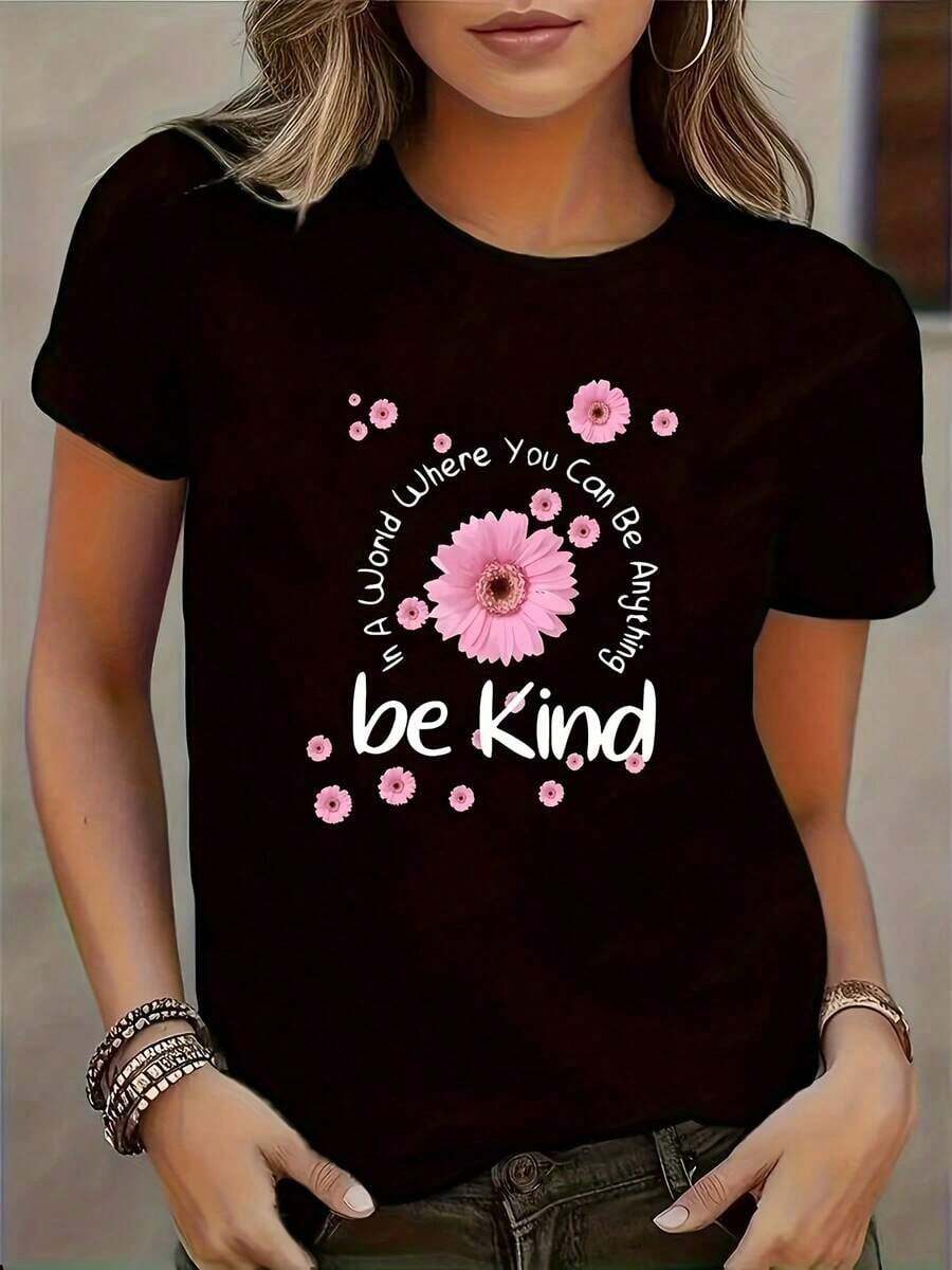 Camiseta con Estampado de Letras y Flores a la Modablusas para mujer>ropa - Negro - Ver 1