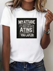 Women's Casual Cotton Crew Neck T-Shirt (180g) With The Print "My Attitude Is: You Don't Like Me, I Win, You Lose." Unisex T-Shirt, Unique Gift, Suitable For Halloween, Thanksgiving, Team Building, Family Gatherings, And The Office. Simple T-Shirt For Everyday Wear. - 白色 - 查看 7