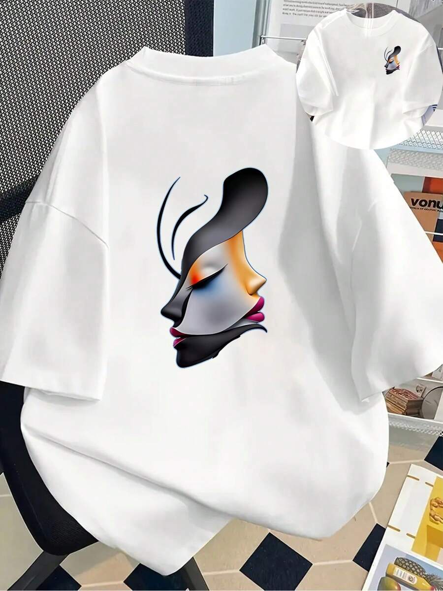 New Men's T-Shirt Made Of 180g Heavyweight Cotton, Featuring A Modern, Unique, And Versatile Abstract Art Graphic Design. A Popular And Novel Style In Men's Clothing, This Must-Have T-Shirt With Front And Back Panels Is Suitable For Layering In Spring And Autumn, And Wearing Alone In Summer. Unisex. - 白色 - 查看 1