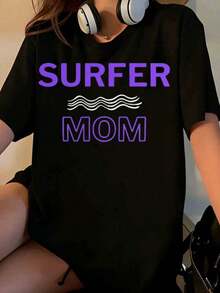 "Surfer Mom" T-Shirt With Black And Purple Wave Design, Women's Casual Clothing, Beach Lifestyle, Gift Idea [Suitable For Leisure And Sports Activities] - 黑色 - 查看 7