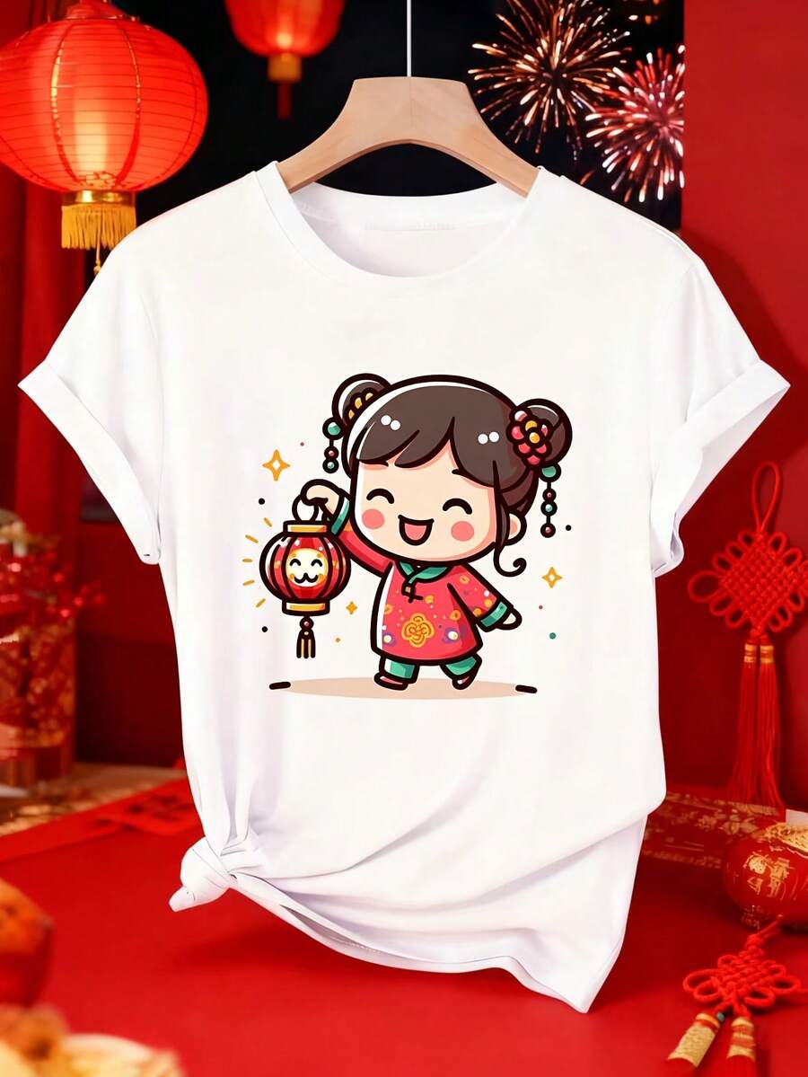Women's T-Shirt With Fuwa Lucky Lantern Print For New Year And Spring Festival, Cute And Fashionable For Everyday Wear And Holidays, Soft And Comfortable, Round Neck And Short Sleeve, Casual Sporty Style For Spring, Summer And Autumn, Available In Sizes S-XXL - 白色 - 查看 1
