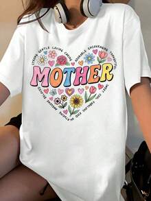 Women's Mother's Heart Design T-Shirt, Mother's Day Gift, Cute Floral Graphic Tee With Positive Words: Strong, Gentle, Kind, Loving, Durable, Inspiring, Thoughtful, Sweet, Great, Fabulous, Funny, Amazing, Beautiful - 白色 - 查看 1