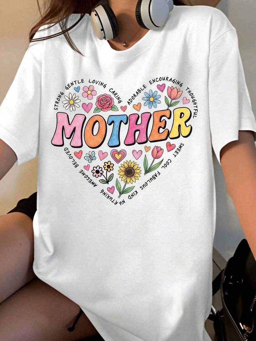 Women's Mother's Heart Design T-Shirt, Mother's Day Gift, Cute Floral Graphic Tee With Positive Words: Strong, Gentle, Kind, Loving, Durable, Inspiring, Thoughtful, Sweet, Great, Fabulous, Funny, Amazing, Beautiful - 白色 - 查看 1