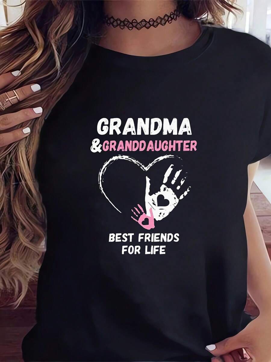 Camiseta Blanca y Negra para Mujer con Estampado de Huellas de Mano de Corazón de Abuela e Hija - Camiseta Casual de Manga Corta con Cuello Redondo, Letras Rosadas