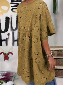 Solid Color Hollow Out Semi-Transparent Vacation French V-Neck Lace Cover Up Women Comfortable Plus Size Short Sleeve Cover-Up, Regular Fit V-Neck Embroidery Tulle Top - Khaki - View 2