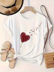 Women's Cotton Crew Neck Casual White Short Sleeve T-Shirt For Women, Plus Size, With Heart And Balloon Print - Crew Neck Blouse For Summer, Casual And Resort Wear, Plus Size Fit, Machine Washable, Top For Spring, Summer And Autumn, Soft Fabric Simple T-Shirt For Everyday Wear - 白色 - 查看 3